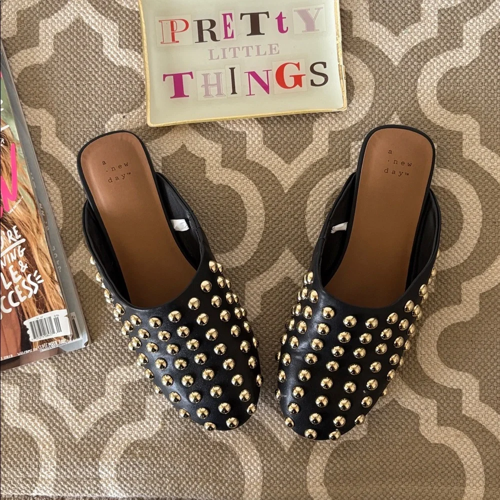 “A new Day” “Channing” black, gold studded mules; size 8; worn once for pics - Picture 5 of 7